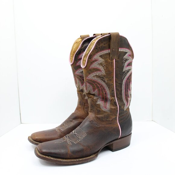WESTERN COWBOY WOMEN'S BROWN LEATHER W/RED AND OFF WHITE EMBROIDERY SIZE 8 1/2B - Picture 1 of 9